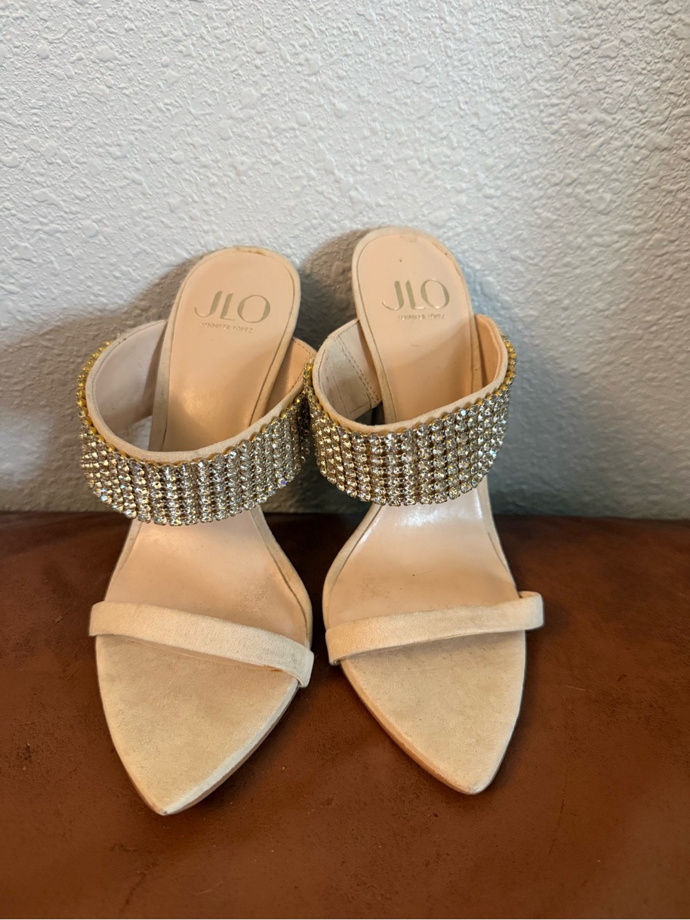 Jennifer Lopez Beige Crystal-Embellished Open-Toe Heels